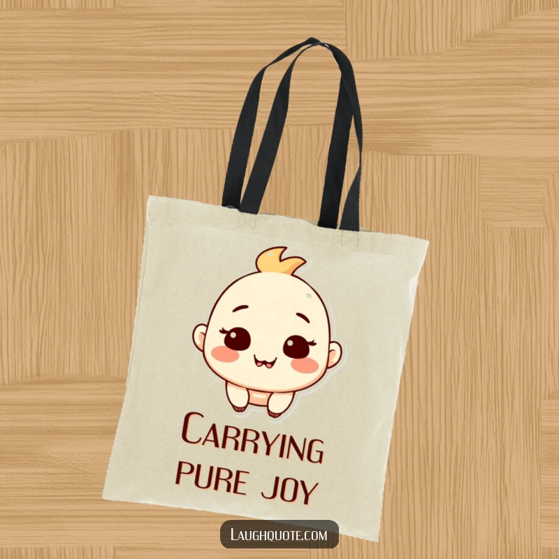 Funny tote bag featuring a character with a peaceful, satisfied expression and a gentle, chuckling smile.