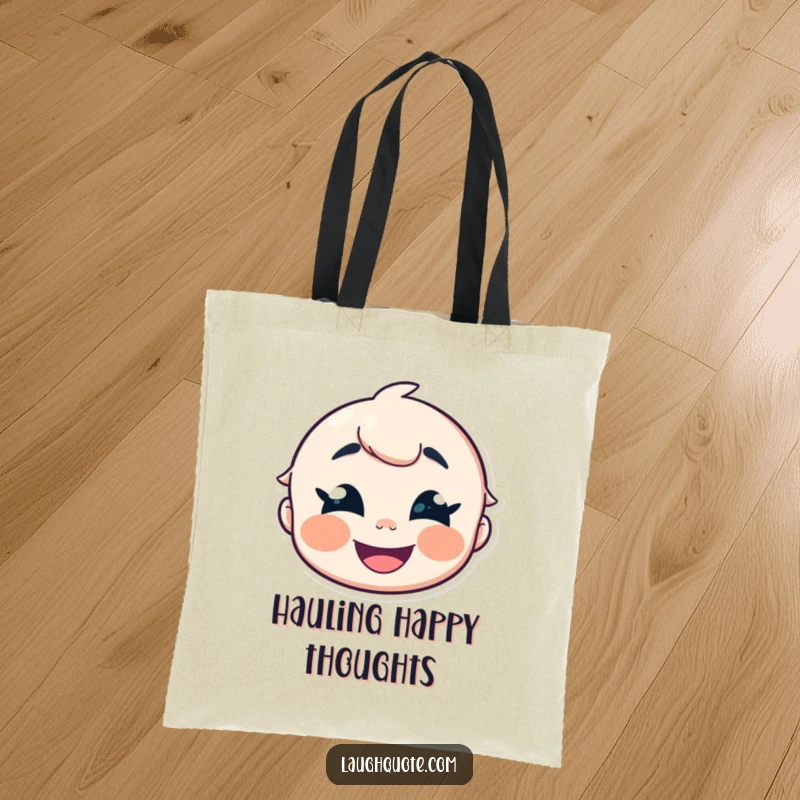 Funny Tote Bag with a cheerful character caught mid-giggle, its eyes crinkled with amusement, ready for adventures.