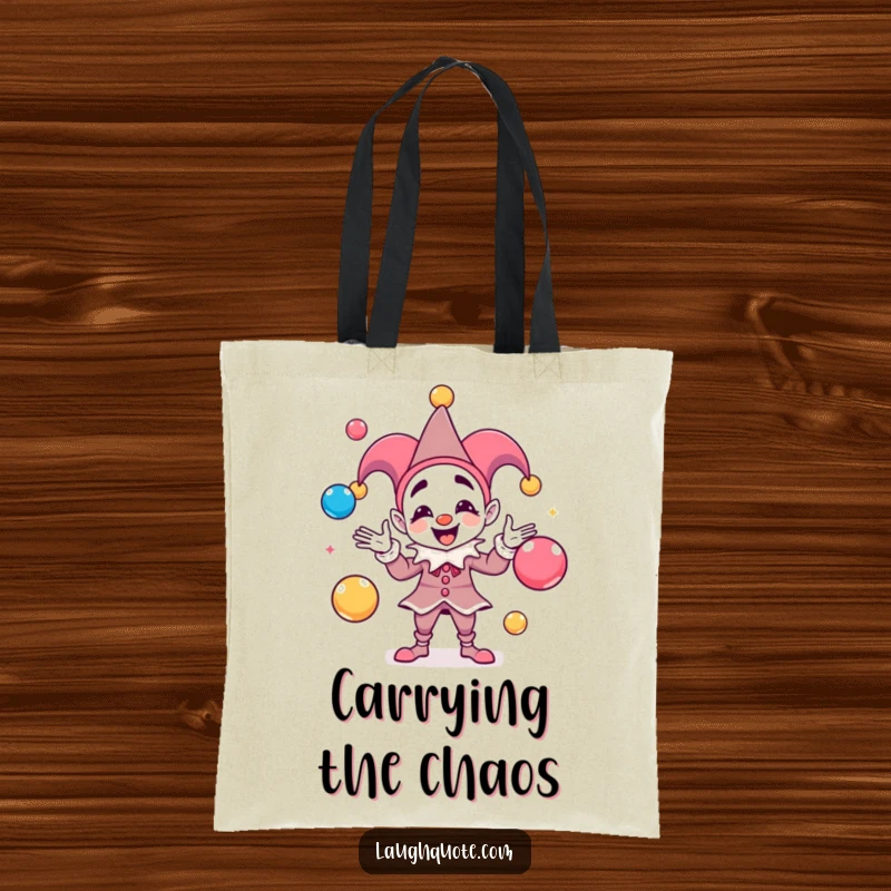 Funny Tote Bag with a playful jester juggling colorful sound balls, perfect for carrying daily essentials.