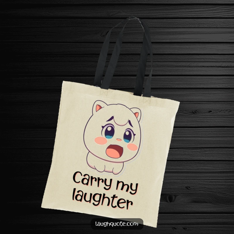 Funny tote bag featuring a character with exaggerated wide eyes and open mouth, captured mid-laugh with surprise.