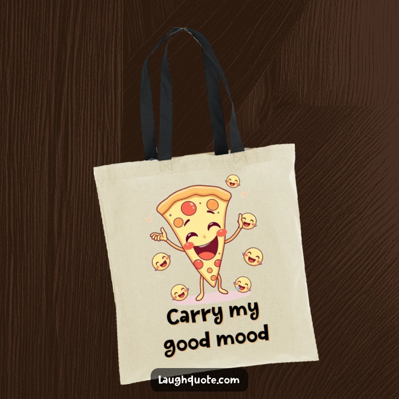 Funny tote bag featuring a giggling pizza slice character juggling small, laughing emojis, perfect for grocery runs and more.