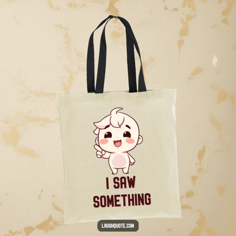 Funny Tote Bag: A character with a huge smile points with enthusiasm at something undeniably funny, spreading contagious joy.