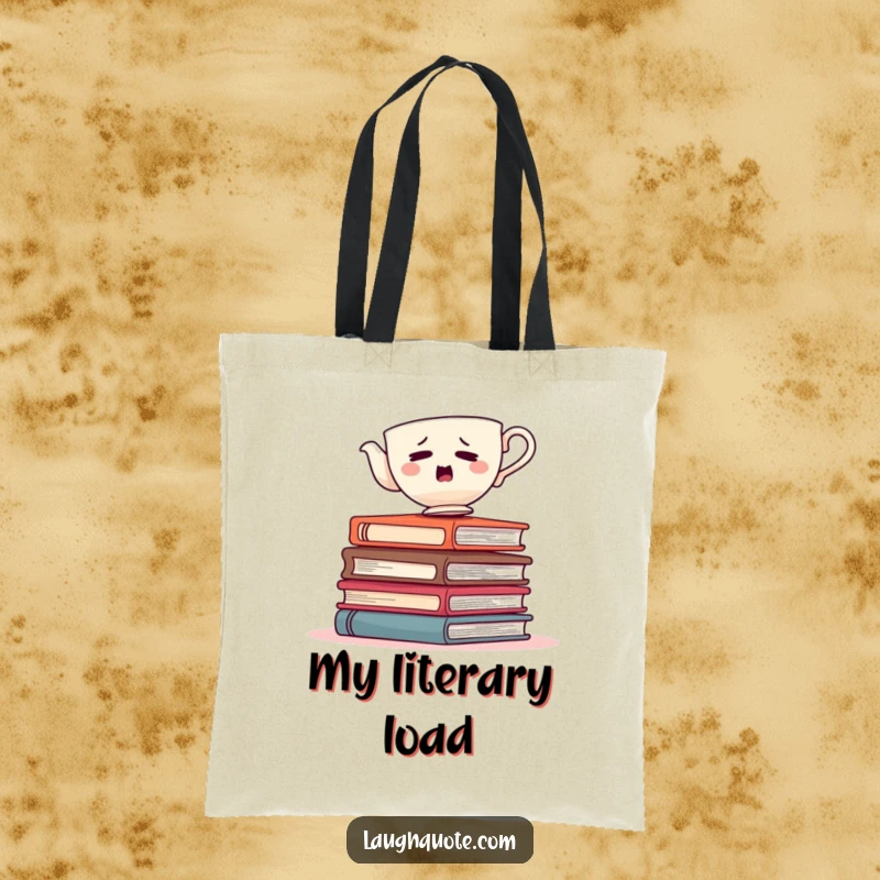 Funny teacup wobbling on a pile of books, a durable and humorous tote bag for book lovers.